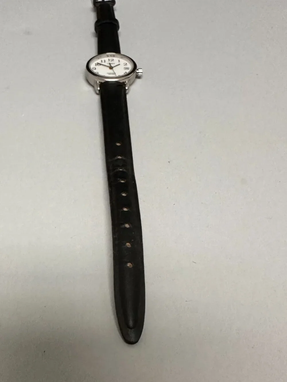 Timex Indiglo Watch Women Silver Tone Black Leather Band New Battery 8.5